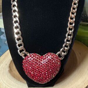 Red Crystal Gold Tone Center Heart Pendant Necklace.